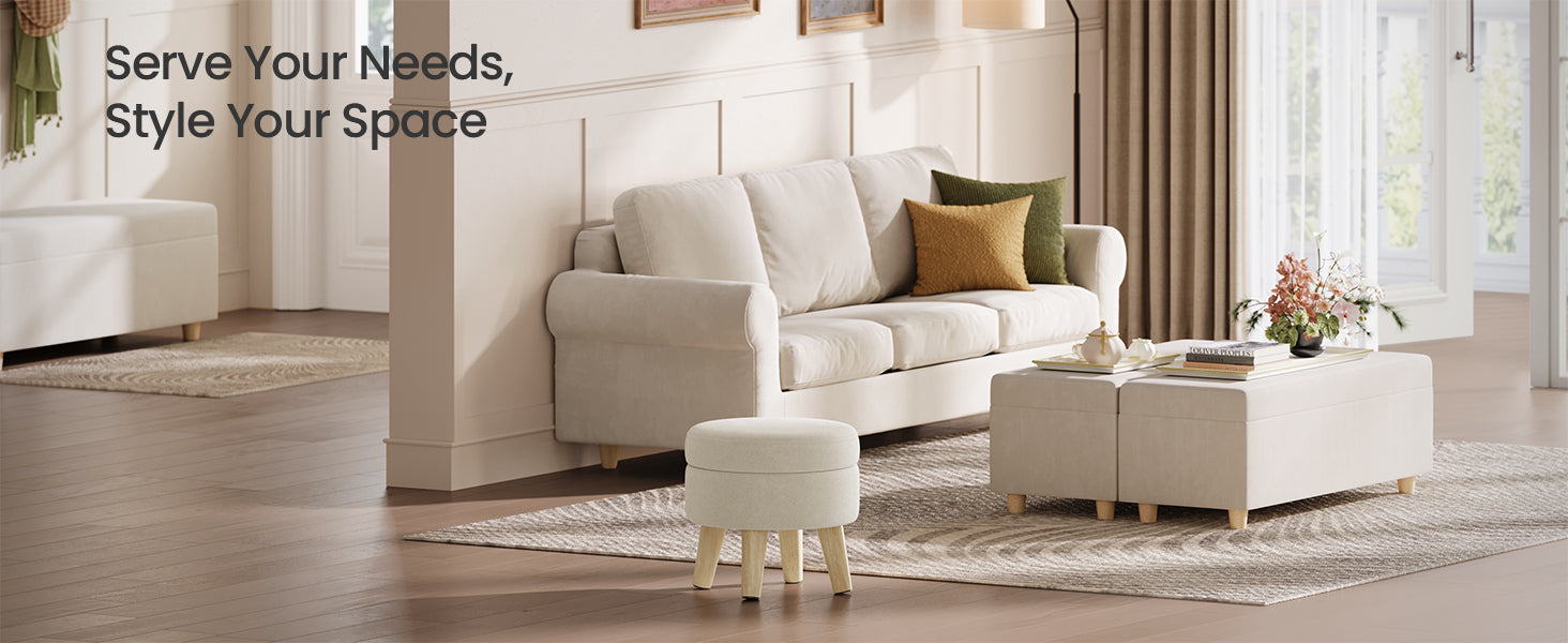SONGMICS Storage Ottoman, Foot Stool, Round Ottoman with Padded Seat, Foot Rest with Wood Legs, Small Table, for Hallway, Living