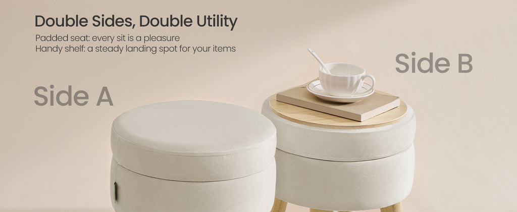 SONGMICS Storage Ottoman, Foot Stool, Round Ottoman with Padded Seat, Foot Rest with Wood Legs, Small Table, for Hallway, Living