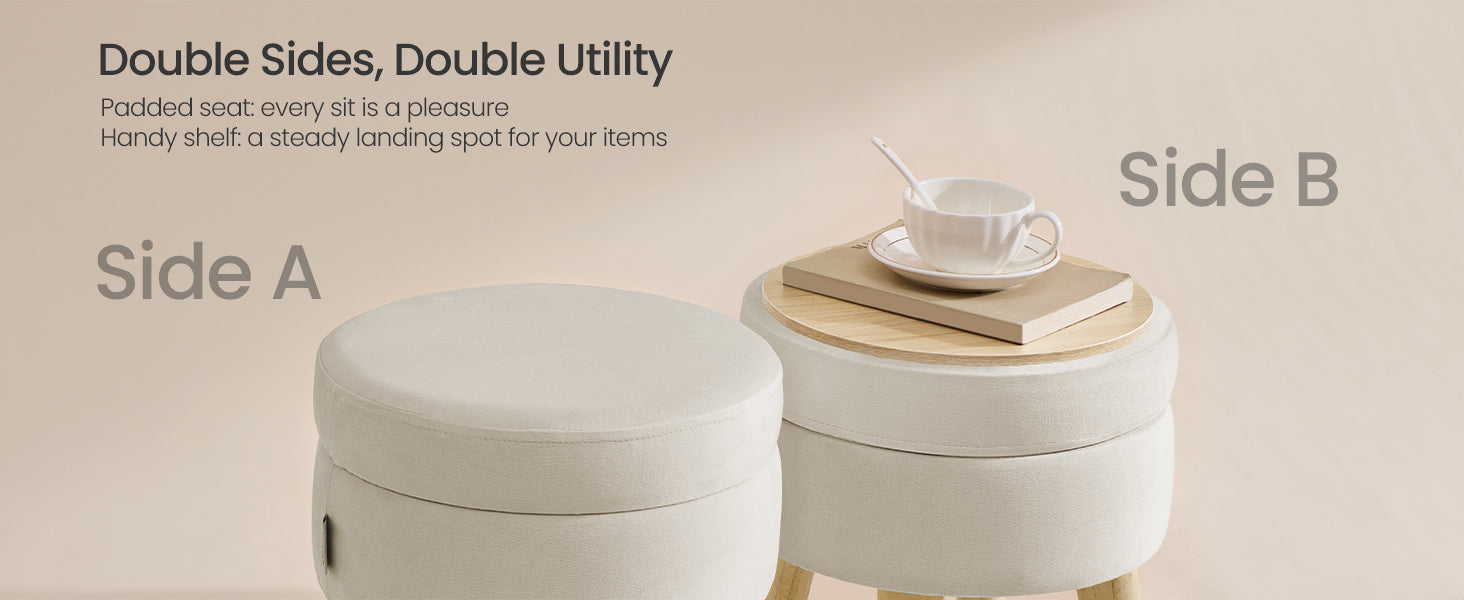 SONGMICS Storage Ottoman, Foot Stool, Round Ottoman with Padded Seat, Foot Rest with Wood Legs, Small Table, for Hallway, Living