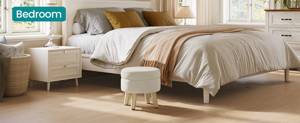 SONGMICS Storage Ottoman, Foot Stool, Round Ottoman with Padded Seat, Foot Rest with Wood Legs, Small Table, for Hallway, Living