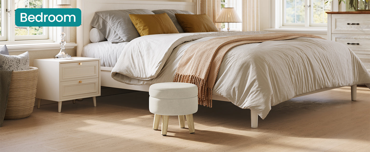 SONGMICS Storage Ottoman, Foot Stool, Round Ottoman with Padded Seat, Foot Rest with Wood Legs, Small Table, for Hallway, Living