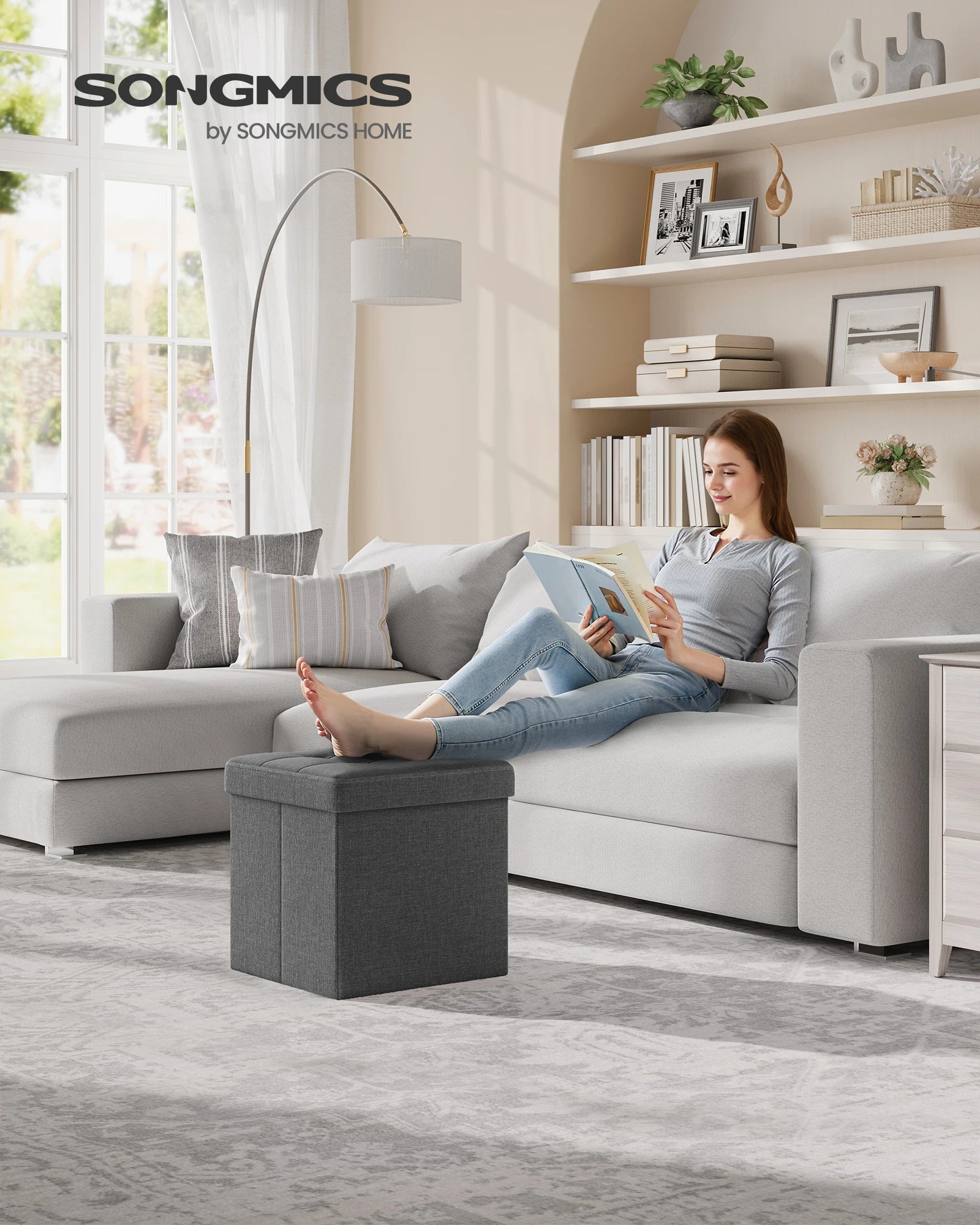 SONGMICS Storage Ottoman, Foldable Small Ottoman Foot Rest, 15 Inches Foot Stool, Cube Ottoman with Storage, Load up to 660 lb,