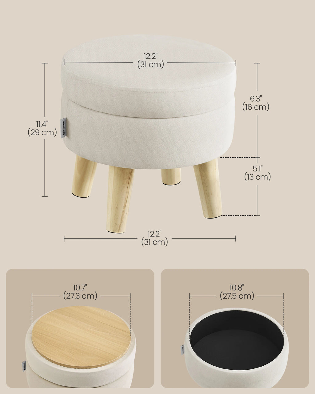 SONGMICS Storage Ottoman, Foot Stool, Round Ottoman with Padded Seat, Foot Rest with Wood Legs, Small Table, for Hallway, Living