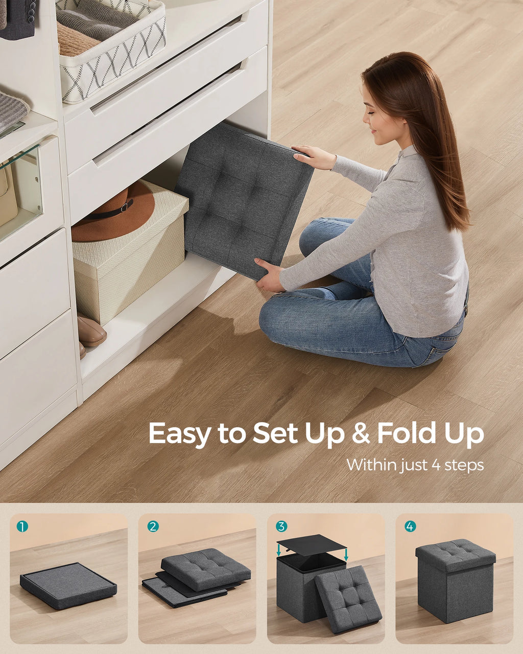 SONGMICS Storage Ottoman, Foldable Small Ottoman Foot Rest, 15 Inches Foot Stool, Cube Ottoman with Storage, Load up to 660 lb,