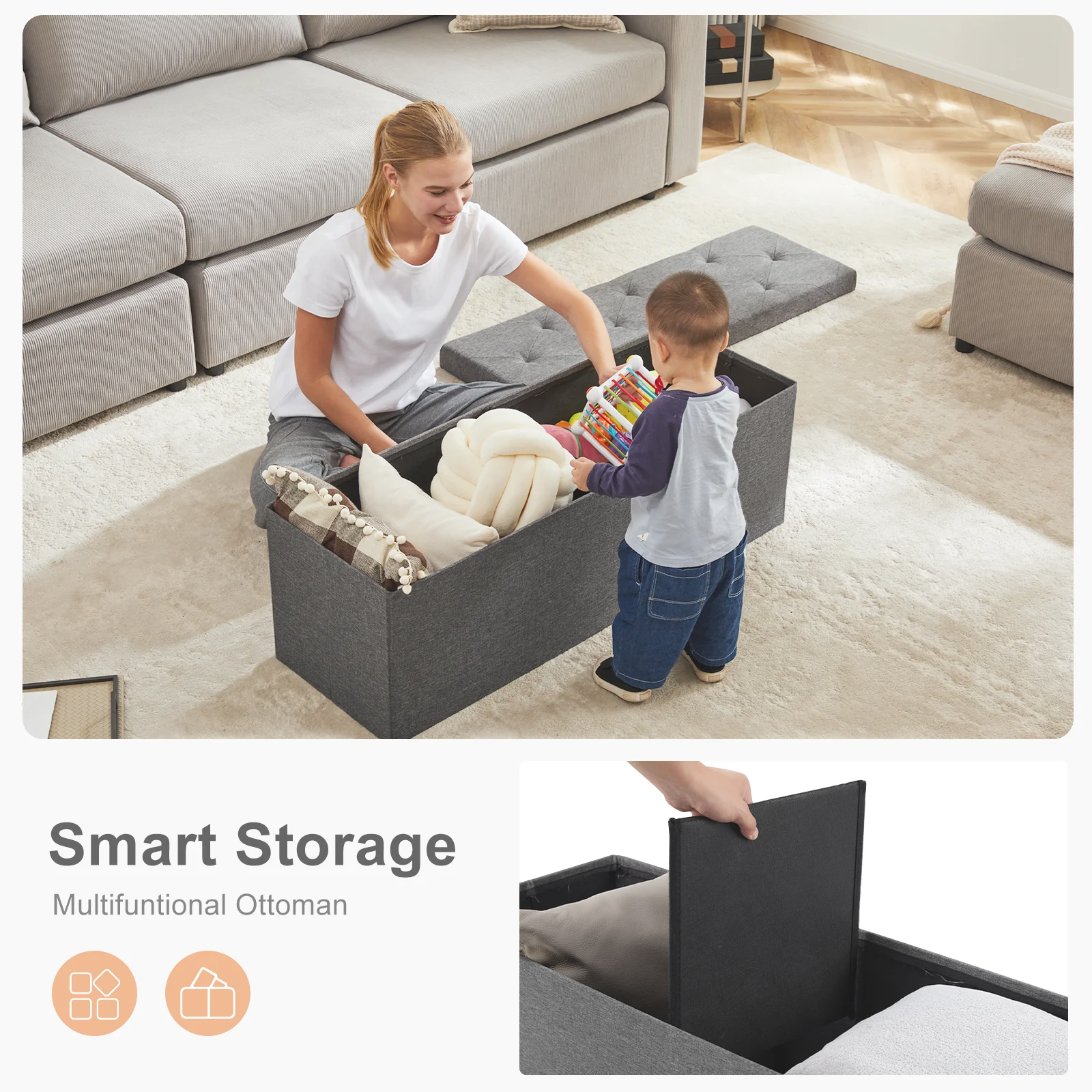 JHK Folding Storage Ottoman Bench Living Room Hidden Storage Footstool Toy Box Bedroom Strong Load-bearing Capacity Stool
