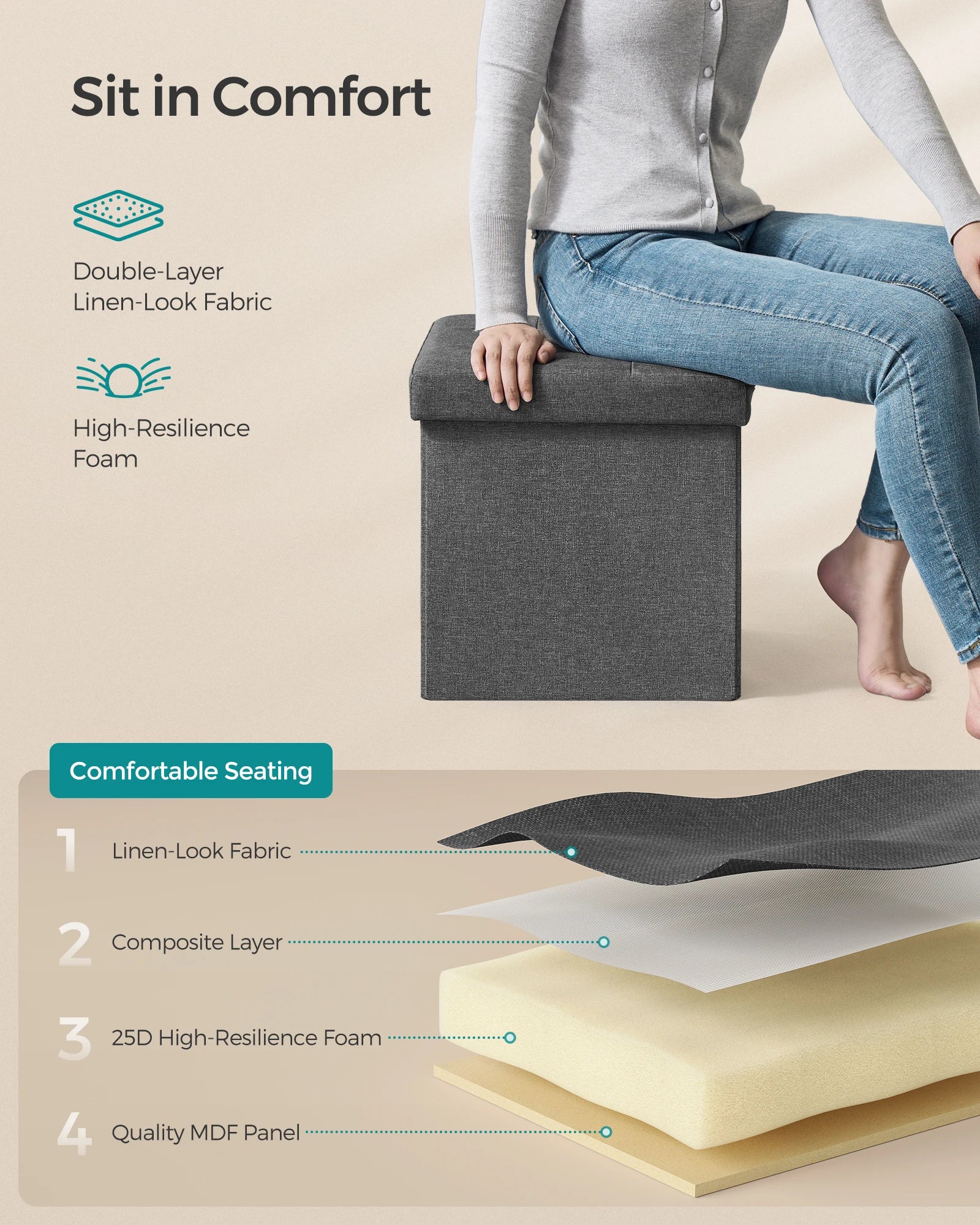 SONGMICS Storage Ottoman, Foldable Small Ottoman Foot Rest, 15 Inches Foot Stool, Cube Ottoman with Storage, Load up to 660 lb,