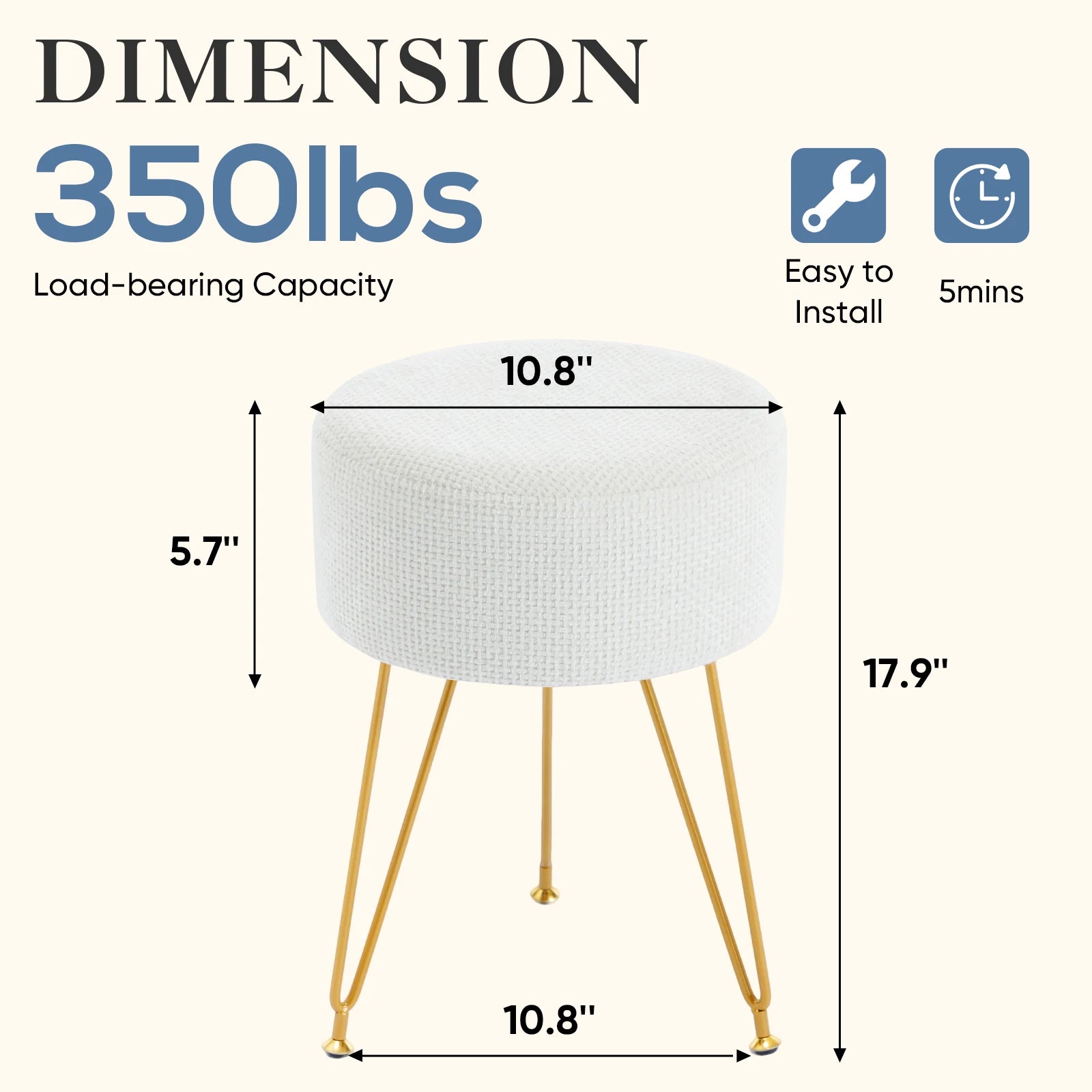 JHK Round Ottoman Velvet Footrest Chair Living Room Vanity Stool with 4CM Thick Cushion 350LBS Heavy-Duty Makeup Stool for Home