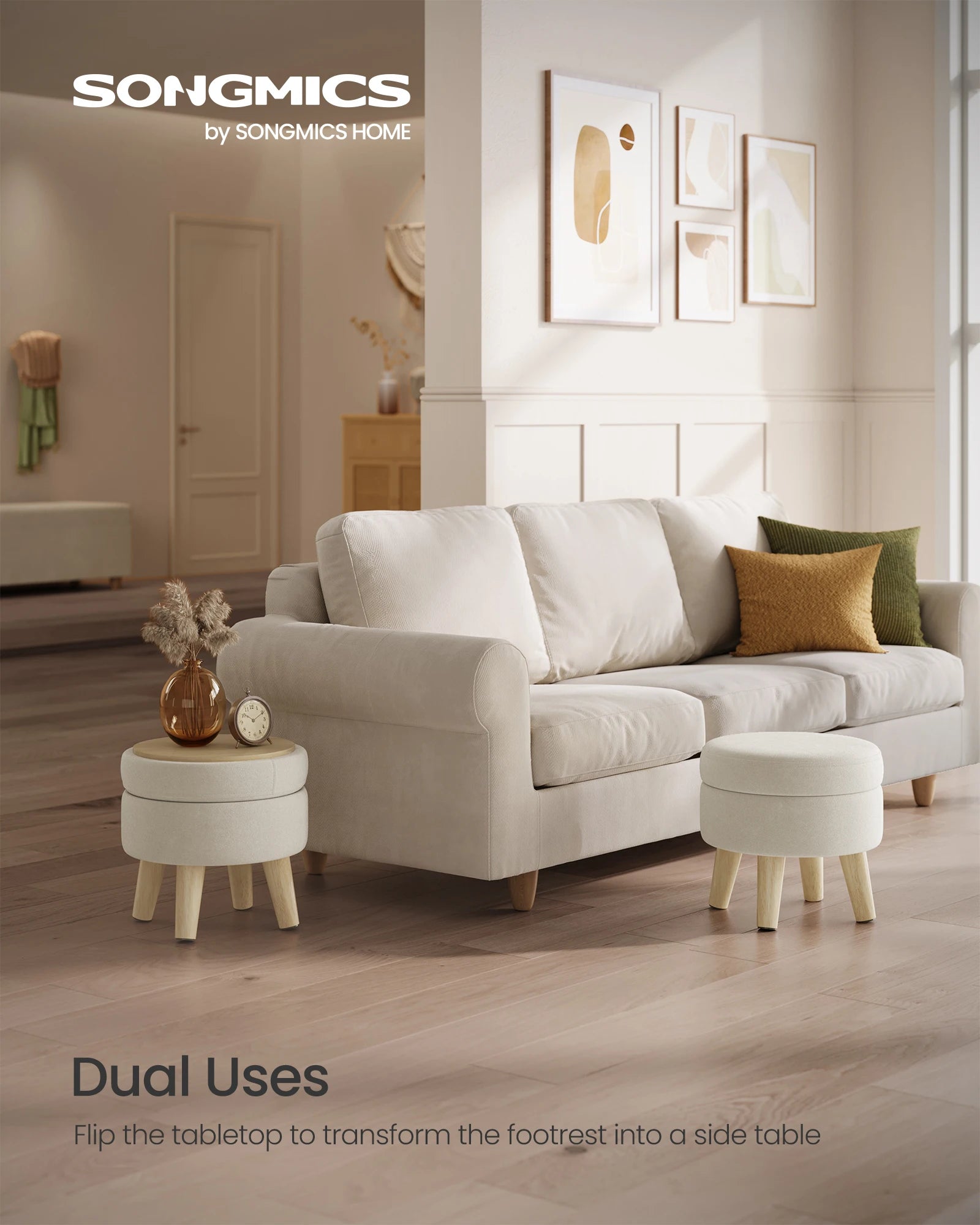 SONGMICS Storage Ottoman, Foot Stool, Round Ottoman with Padded Seat, Foot Rest with Wood Legs, Small Table, for Hallway, Living