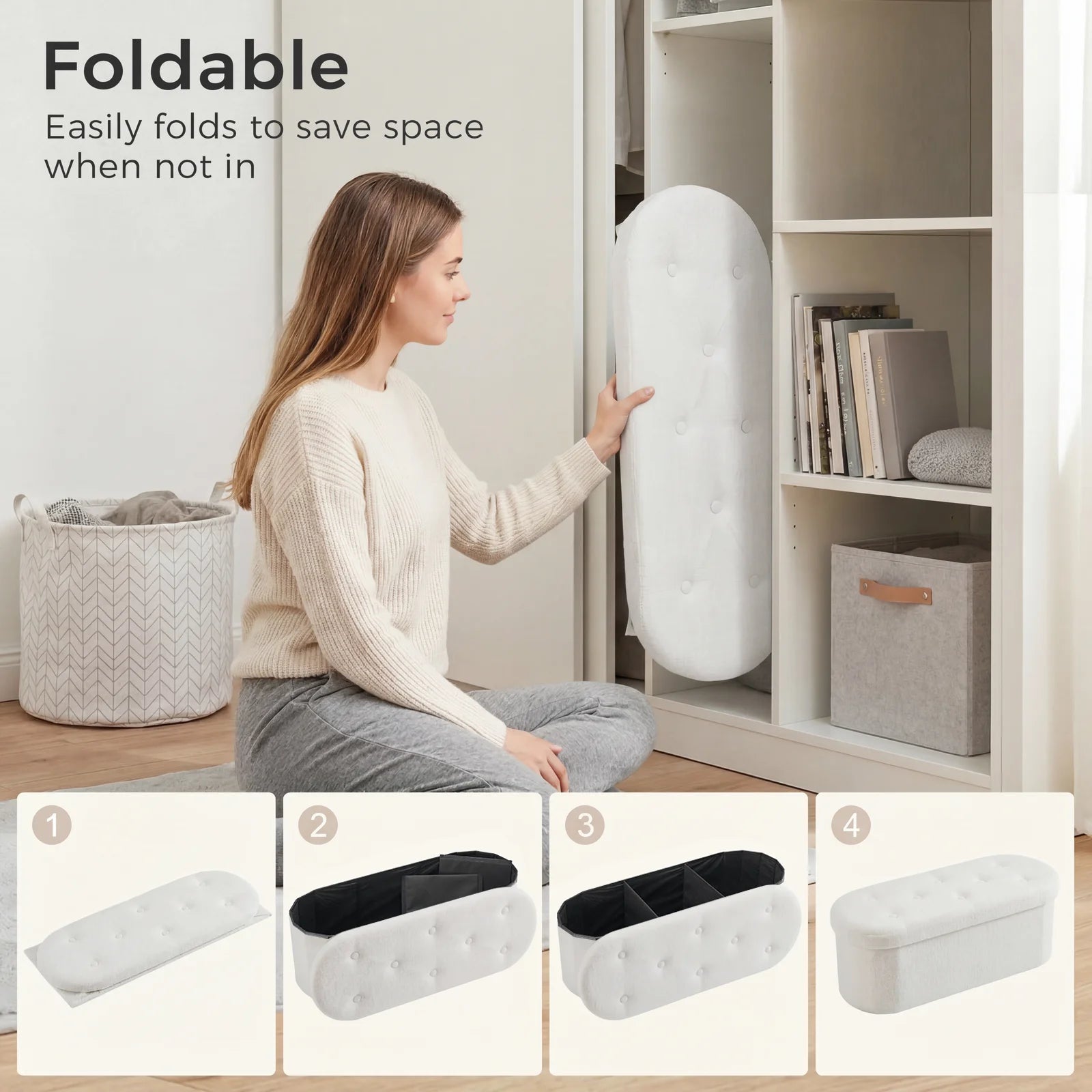 JHK 30/43IN Folding Storage Ottoman Bench with Storage Teddy Fabric Storage Chest for Bedroom End of Bed Foot Rest Bench Stool with Cushion for Home Entryway
