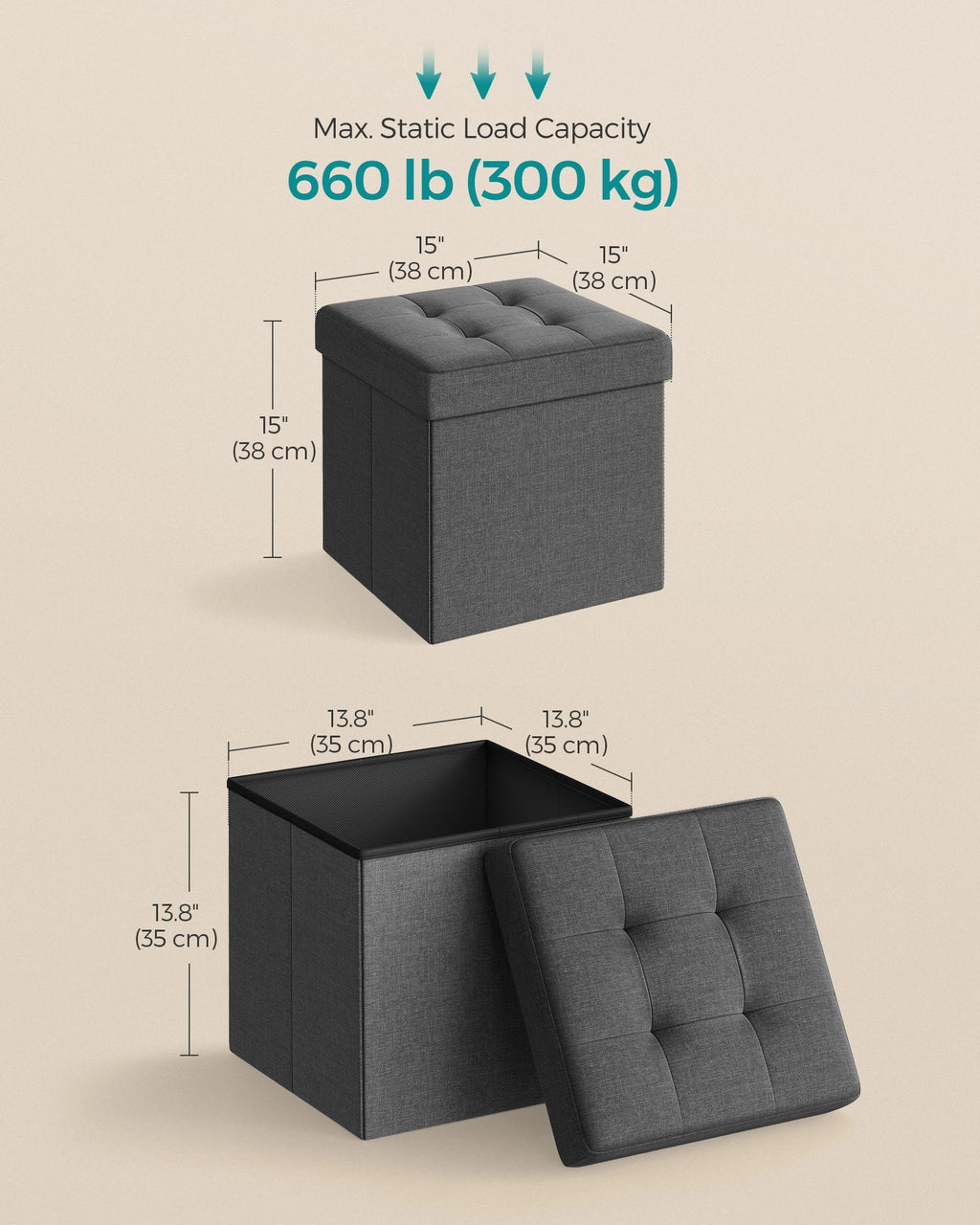 SONGMICS Storage Ottoman, Foldable Small Ottoman Foot Rest, 15 Inches Foot Stool, Cube Ottoman with Storage, Load up to 660 lb,