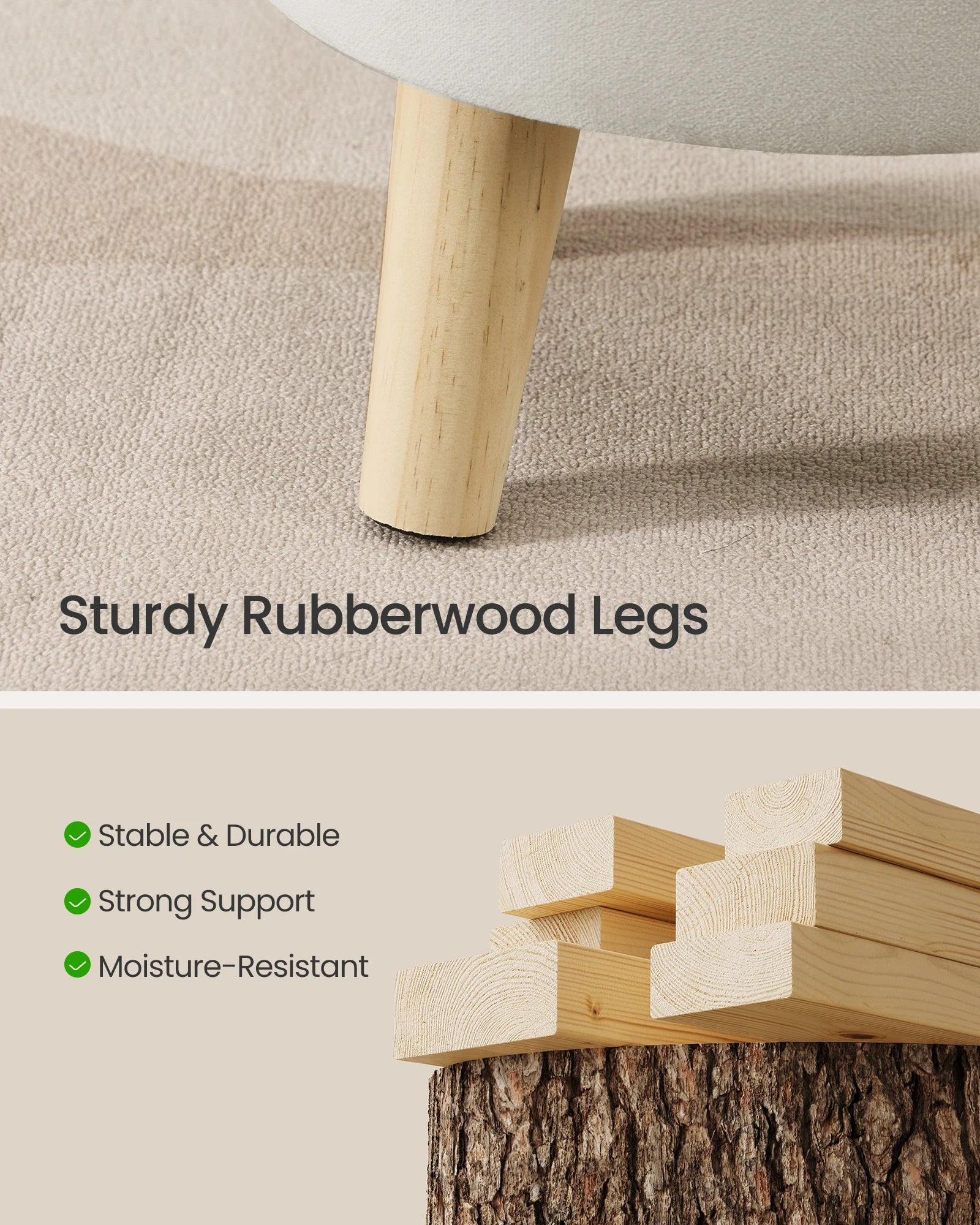 SONGMICS Storage Ottoman, Foot Stool, Round Ottoman with Padded Seat, Foot Rest with Wood Legs, Small Table, for Hallway, Living