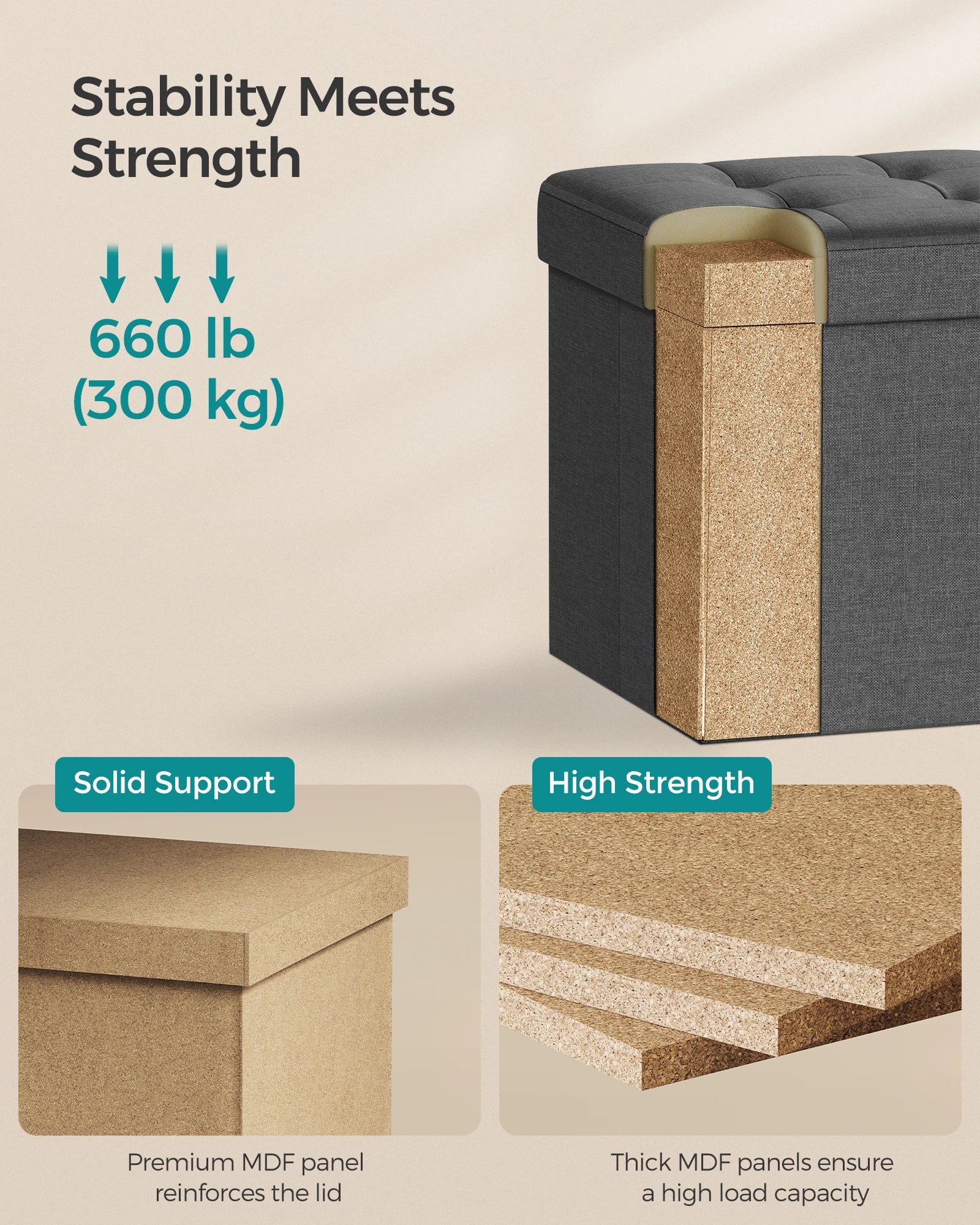 SONGMICS Storage Ottoman, Foldable Small Ottoman Foot Rest, 15 Inches Foot Stool, Cube Ottoman with Storage, Load up to 660 lb,