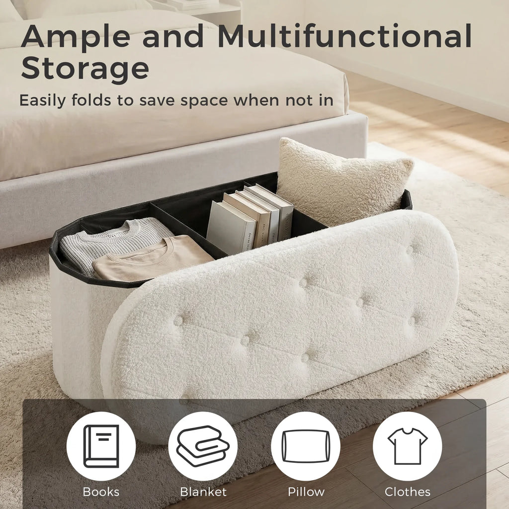 JHK 30/43IN Folding Storage Ottoman Bench with Storage Teddy Fabric Storage Chest for Bedroom End of Bed Foot Rest Bench Stool with Cushion for Home Entryway