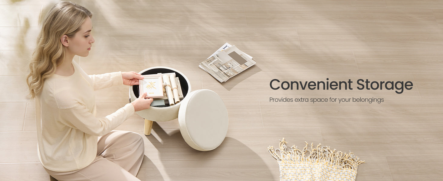 SONGMICS Storage Ottoman, Foot Stool, Round Ottoman with Padded Seat, Foot Rest with Wood Legs, Small Table, for Hallway, Living
