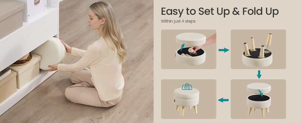 SONGMICS Storage Ottoman, Foot Stool, Round Ottoman with Padded Seat, Foot Rest with Wood Legs, Small Table, for Hallway, Living