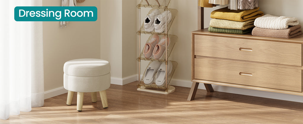SONGMICS Storage Ottoman, Foot Stool, Round Ottoman with Padded Seat, Foot Rest with Wood Legs, Small Table, for Hallway, Living