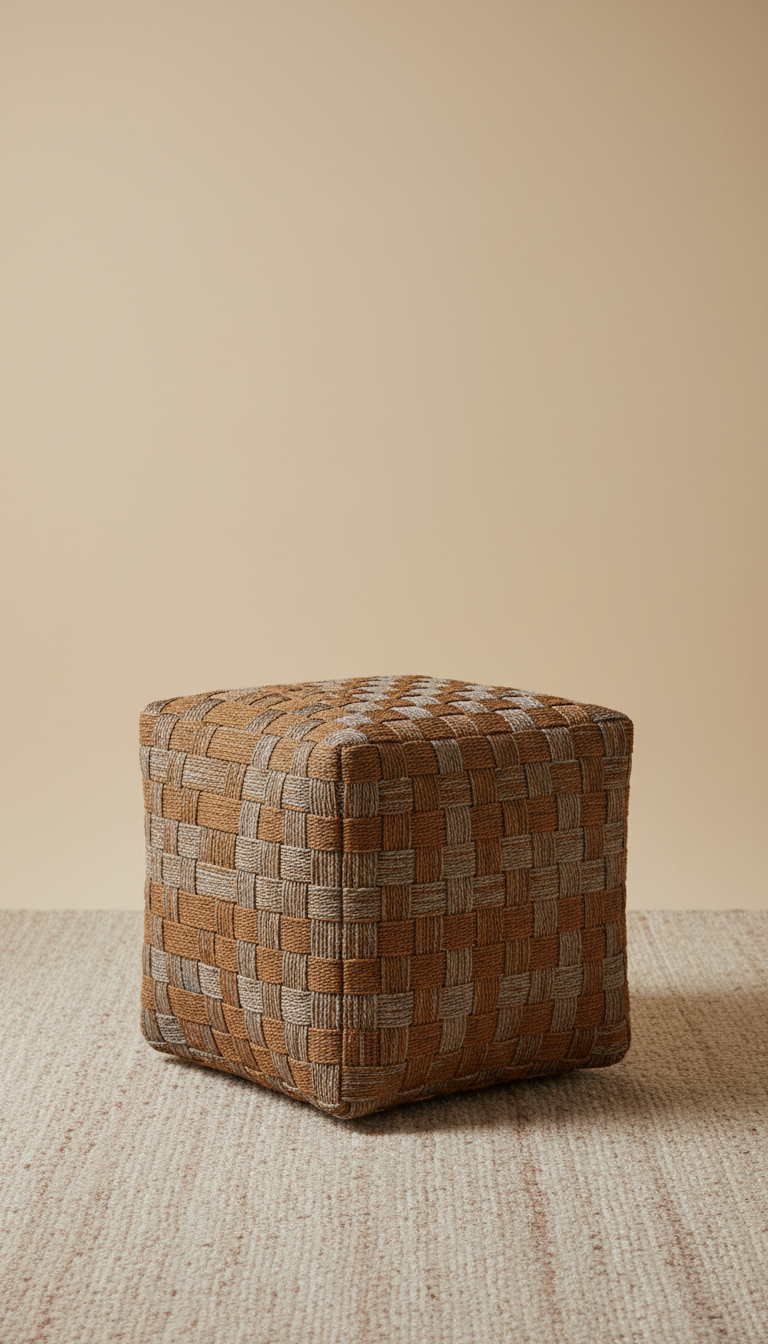 Woven Linen Cube Stool With Textured Finish